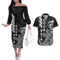 Cook Islands Va'a Polynesian Art Tattoo Couples Matching Off The Shoulder Long Sleeve Dress and Hawaiian Shirt Black Color LT03 Black - Polynesian Pride