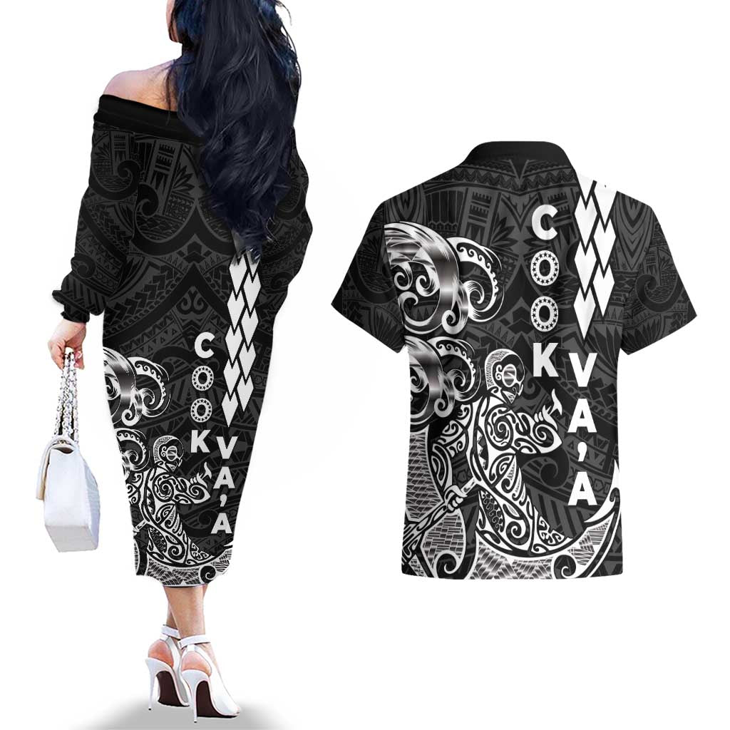 Cook Islands Va'a Polynesian Art Tattoo Couples Matching Off The Shoulder Long Sleeve Dress and Hawaiian Shirt Black Color LT03 - Polynesian Pride