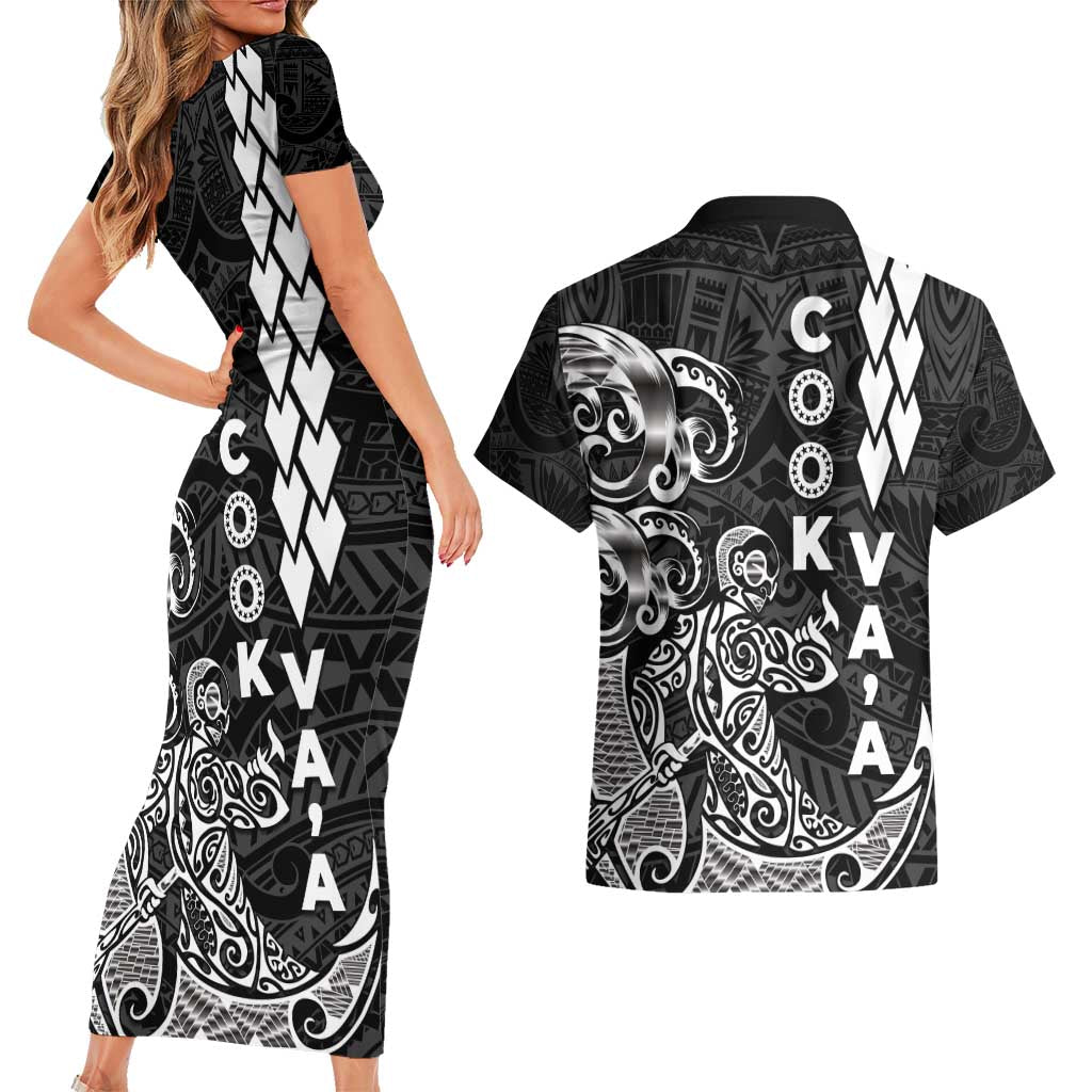 Cook Islands Va'a Polynesian Art Tattoo Couples Matching Short Sleeve Bodycon Dress and Hawaiian Shirt Black Color LT03 - Polynesian Pride