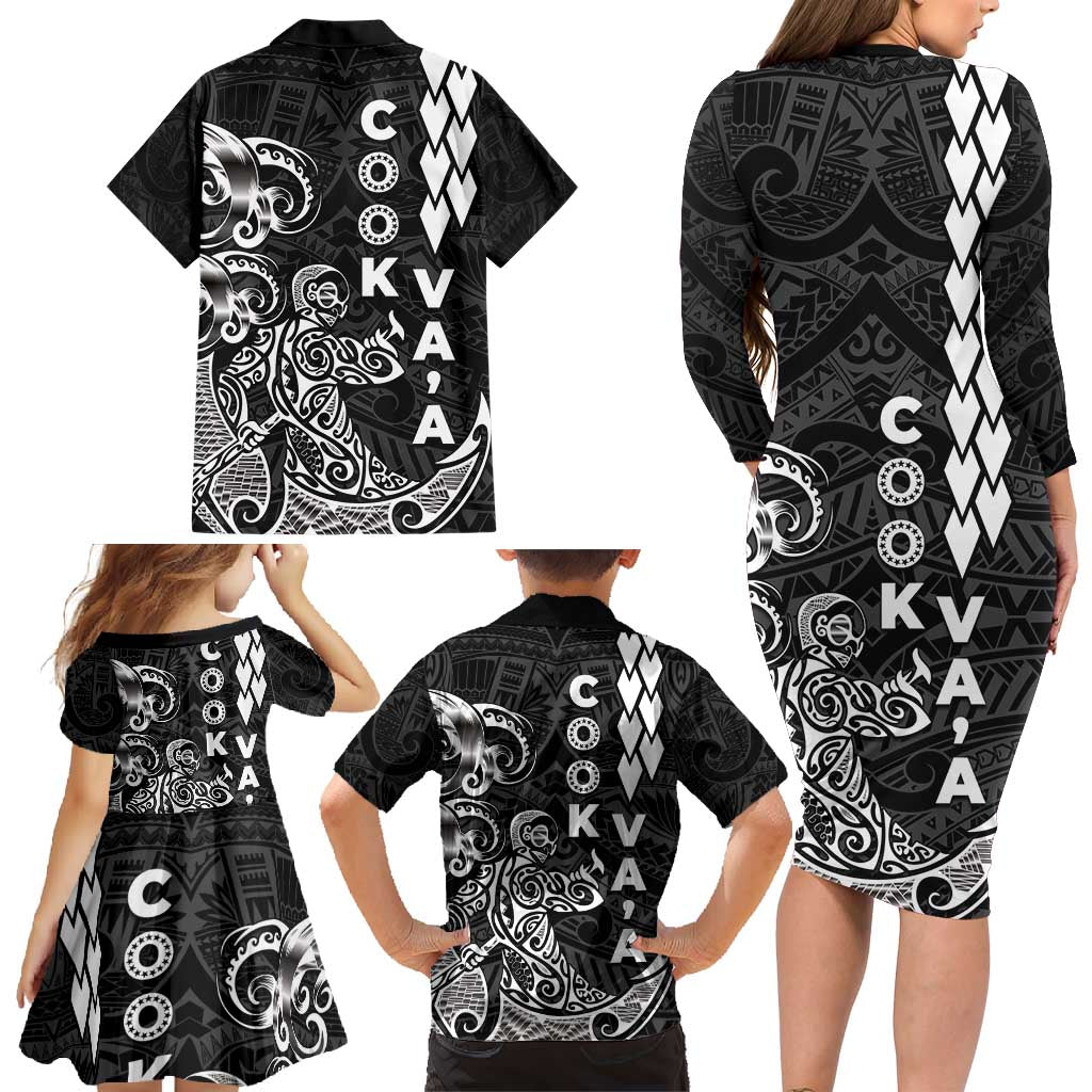 Cook Islands Va'a Polynesian Art Tattoo Family Matching Long Sleeve Bodycon Dress and Hawaiian Shirt Black Color LT03 - Polynesian Pride