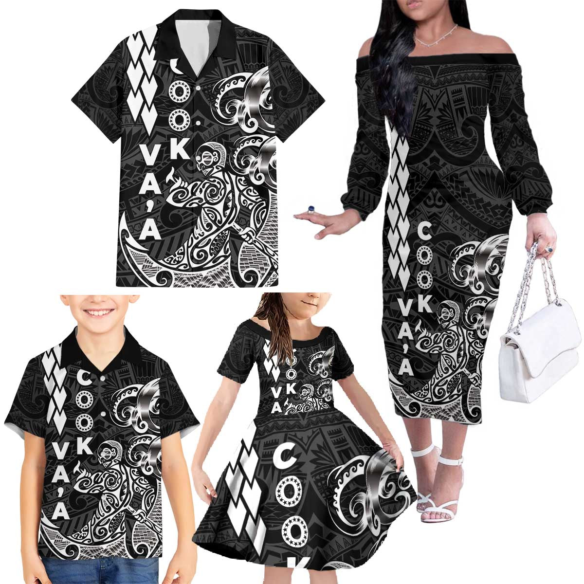 Cook Islands Va'a Polynesian Art Tattoo Family Matching Off The Shoulder Long Sleeve Dress and Hawaiian Shirt Black Color LT03 - Polynesian Pride
