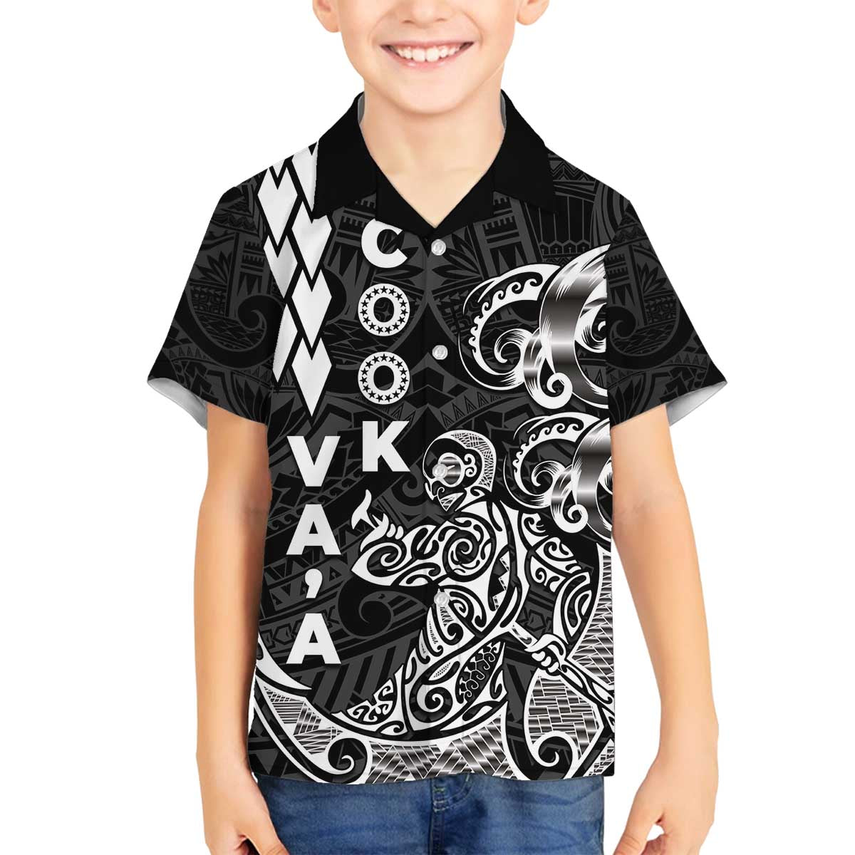 Cook Islands Va'a Polynesian Art Tattoo Family Matching Off The Shoulder Long Sleeve Dress and Hawaiian Shirt Black Color LT03 Son's Shirt Black - Polynesian Pride