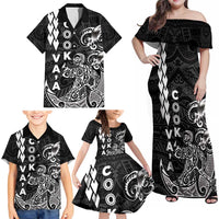 Cook Islands Va'a Polynesian Art Tattoo Family Matching Off Shoulder Maxi Dress and Hawaiian Shirt Black Color LT03 - Polynesian Pride