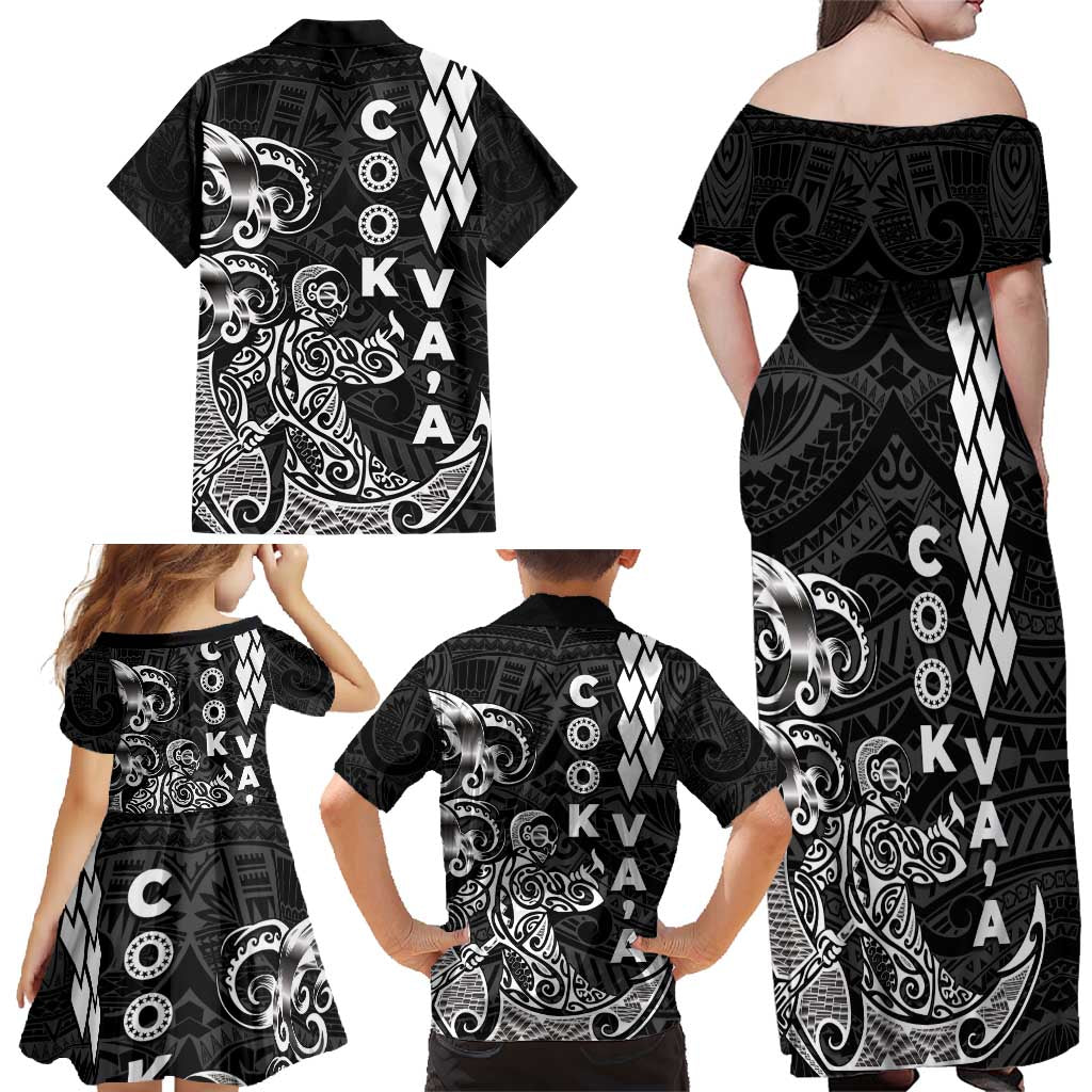 Cook Islands Va'a Polynesian Art Tattoo Family Matching Off Shoulder Maxi Dress and Hawaiian Shirt Black Color LT03 - Polynesian Pride