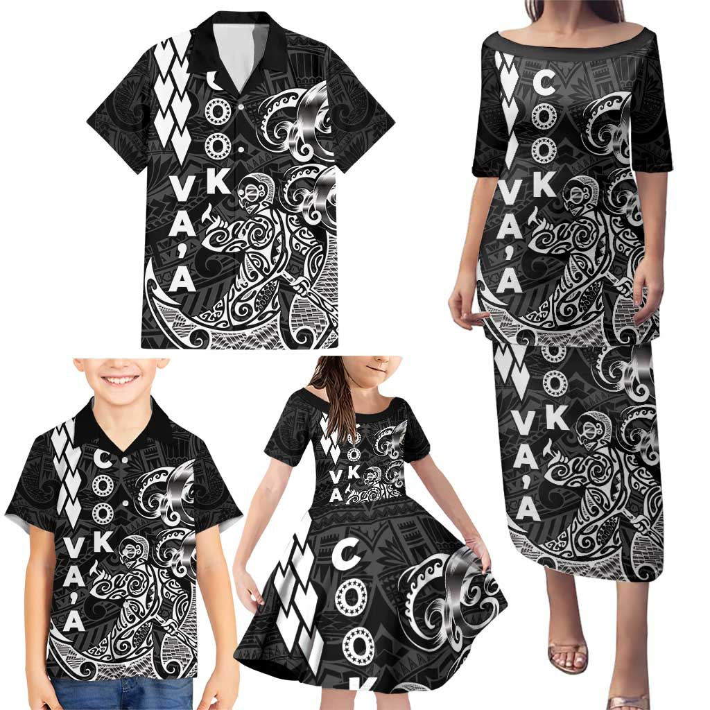 Cook Islands Va'a Polynesian Art Tattoo Family Matching Puletasi and Hawaiian Shirt Black Color LT03 - Polynesian Pride