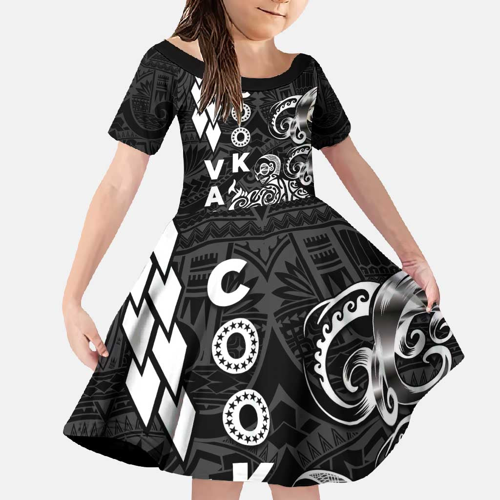 Cook Islands Va'a Polynesian Art Tattoo Family Matching Summer Maxi Dress and Hawaiian Shirt Black Color LT03 Daughter's Dress Black - Polynesian Pride