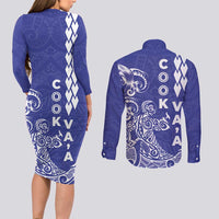 Cook Islands Va'a Polynesian Art Tattoo Couples Matching Long Sleeve Bodycon Dress and Long Sleeve Button Shirt Blue Color LT03 - Polynesian Pride