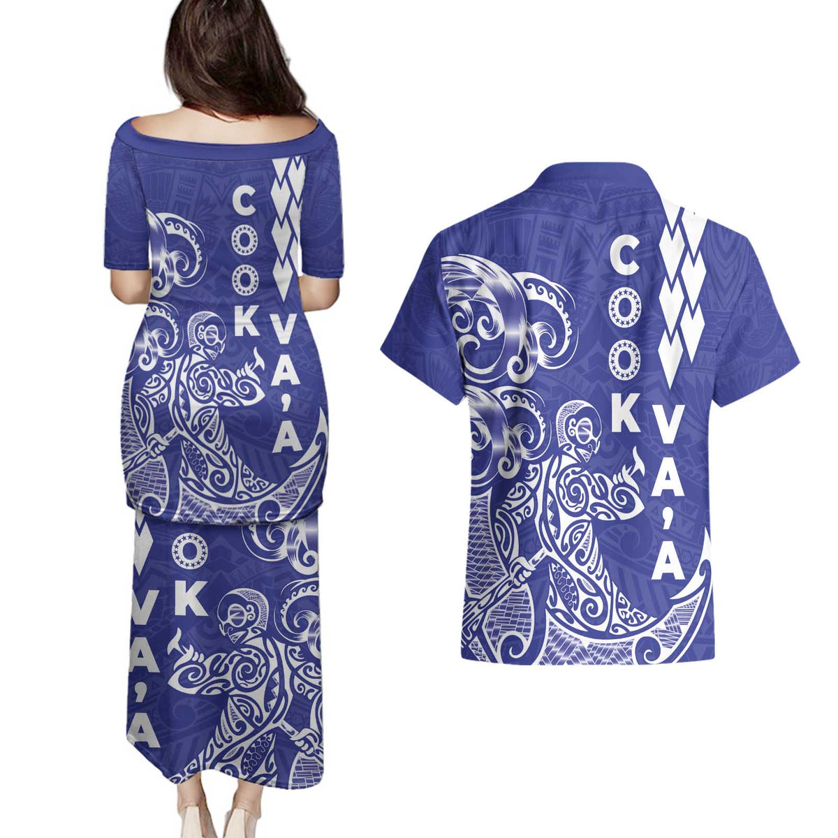 Cook Islands Vaa Polynesian Art Tattoo Couples Matching Puletasi and Hawaiian Shirt Blue Color