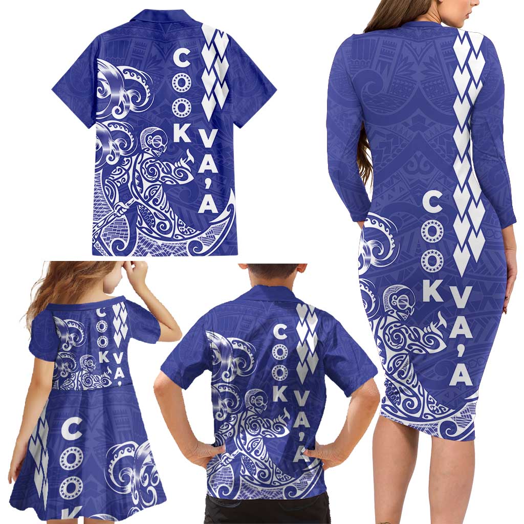 Cook Islands Va'a Polynesian Art Tattoo Family Matching Long Sleeve Bodycon Dress and Hawaiian Shirt Blue Color LT03 - Polynesian Pride