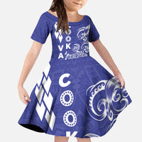 Cook Islands Va'a Polynesian Art Tattoo Family Matching Off The Shoulder Long Sleeve Dress and Hawaiian Shirt Blue Color LT03 Daughter's Dress Blue - Polynesian Pride