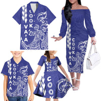Cook Islands Va'a Polynesian Art Tattoo Family Matching Off The Shoulder Long Sleeve Dress and Hawaiian Shirt Blue Color LT03 - Polynesian Pride
