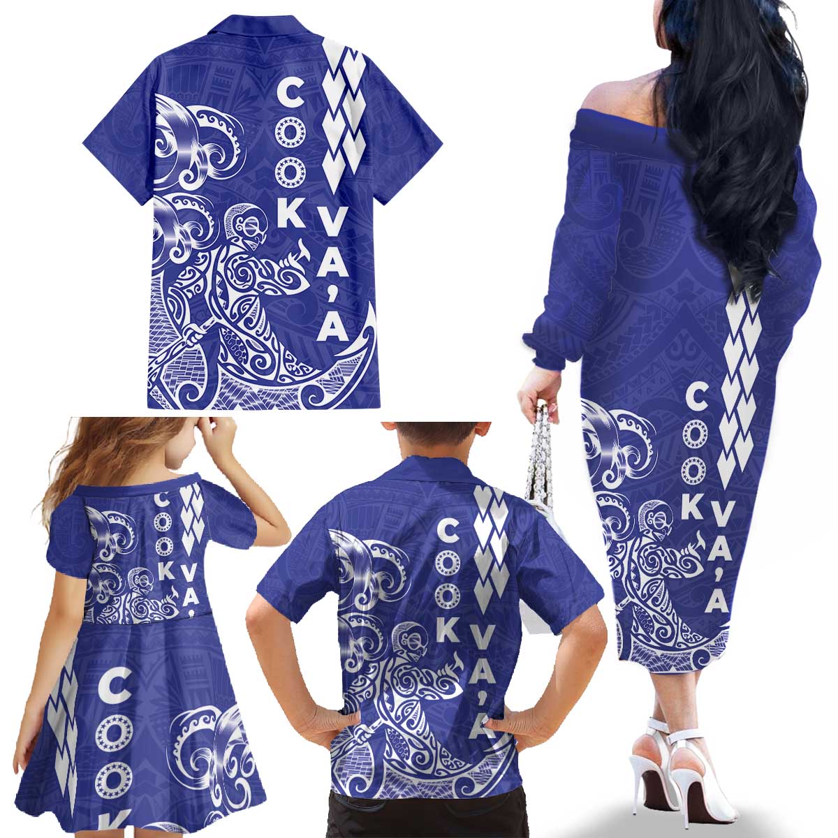 Cook Islands Va'a Polynesian Art Tattoo Family Matching Off The Shoulder Long Sleeve Dress and Hawaiian Shirt Blue Color LT03 - Polynesian Pride