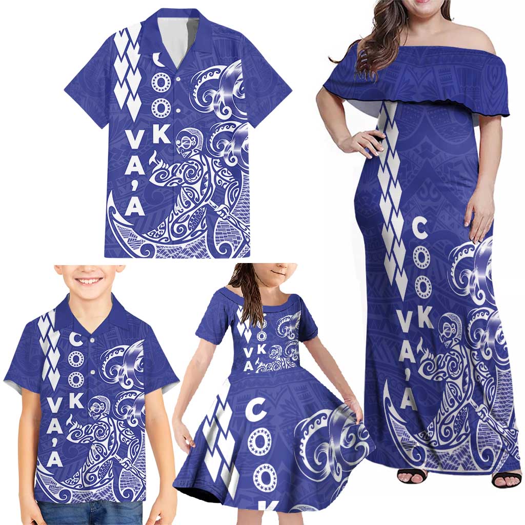 Cook Islands Va'a Polynesian Art Tattoo Family Matching Off Shoulder Maxi Dress and Hawaiian Shirt Blue Color LT03 - Polynesian Pride