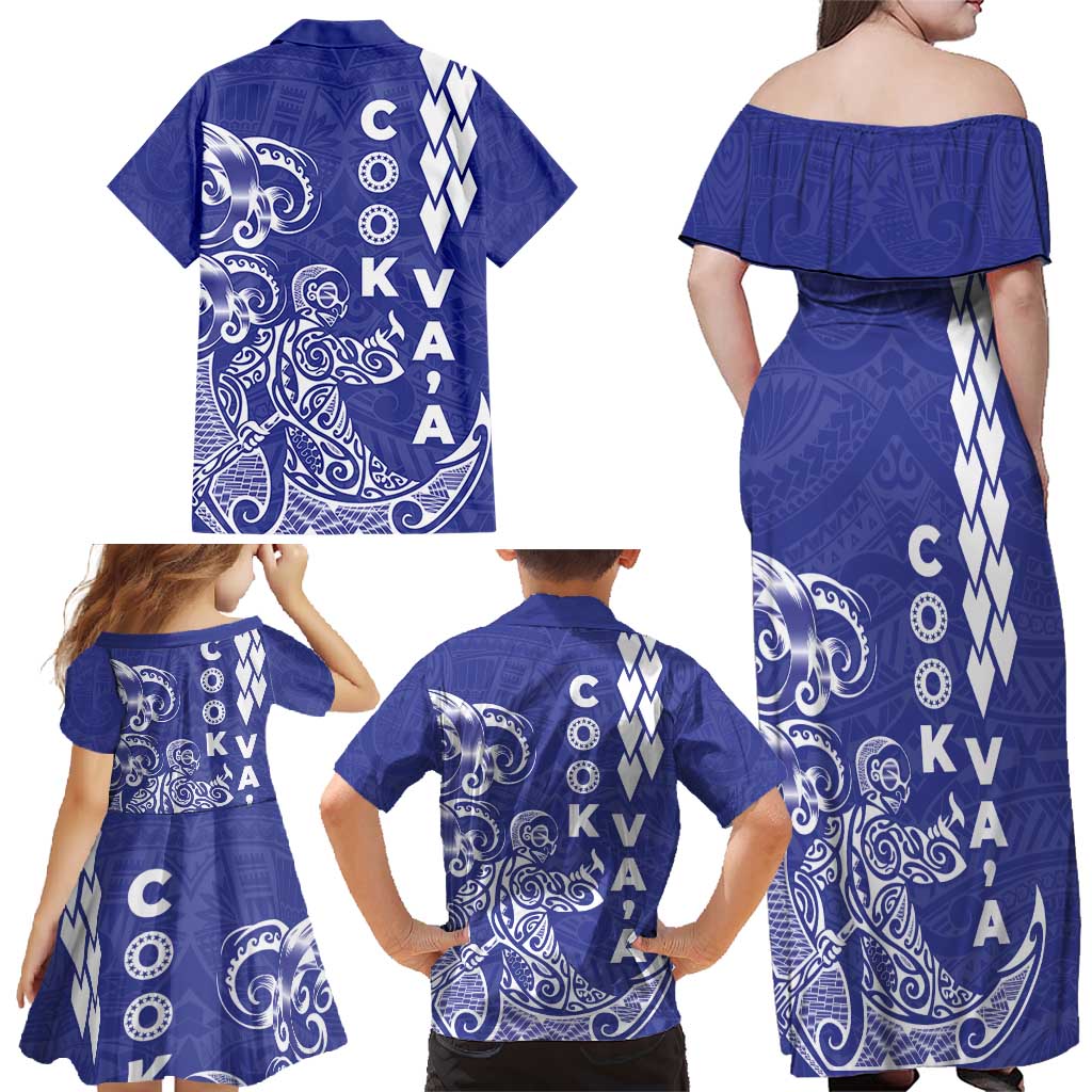 Cook Islands Va'a Polynesian Art Tattoo Family Matching Off Shoulder Maxi Dress and Hawaiian Shirt Blue Color LT03 - Polynesian Pride