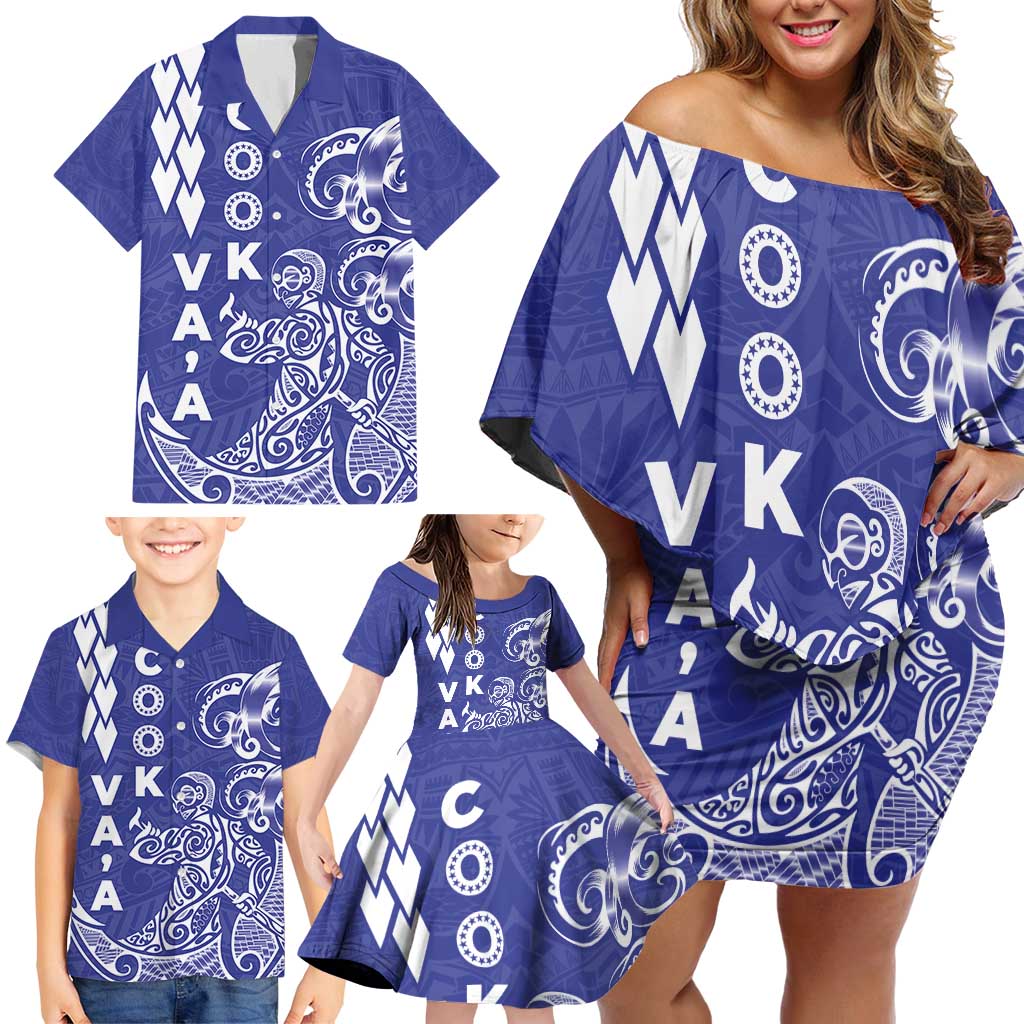 Cook Islands Va'a Polynesian Art Tattoo Family Matching Off Shoulder Short Dress and Hawaiian Shirt Blue Color LT03 - Polynesian Pride