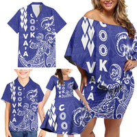 Cook Islands Va'a Polynesian Art Tattoo Family Matching Off Shoulder Short Dress and Hawaiian Shirt Blue Color LT03 - Polynesian Pride