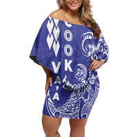 Cook Islands Va'a Polynesian Art Tattoo Family Matching Off Shoulder Short Dress and Hawaiian Shirt Blue Color LT03 Mom's Dress Blue - Polynesian Pride