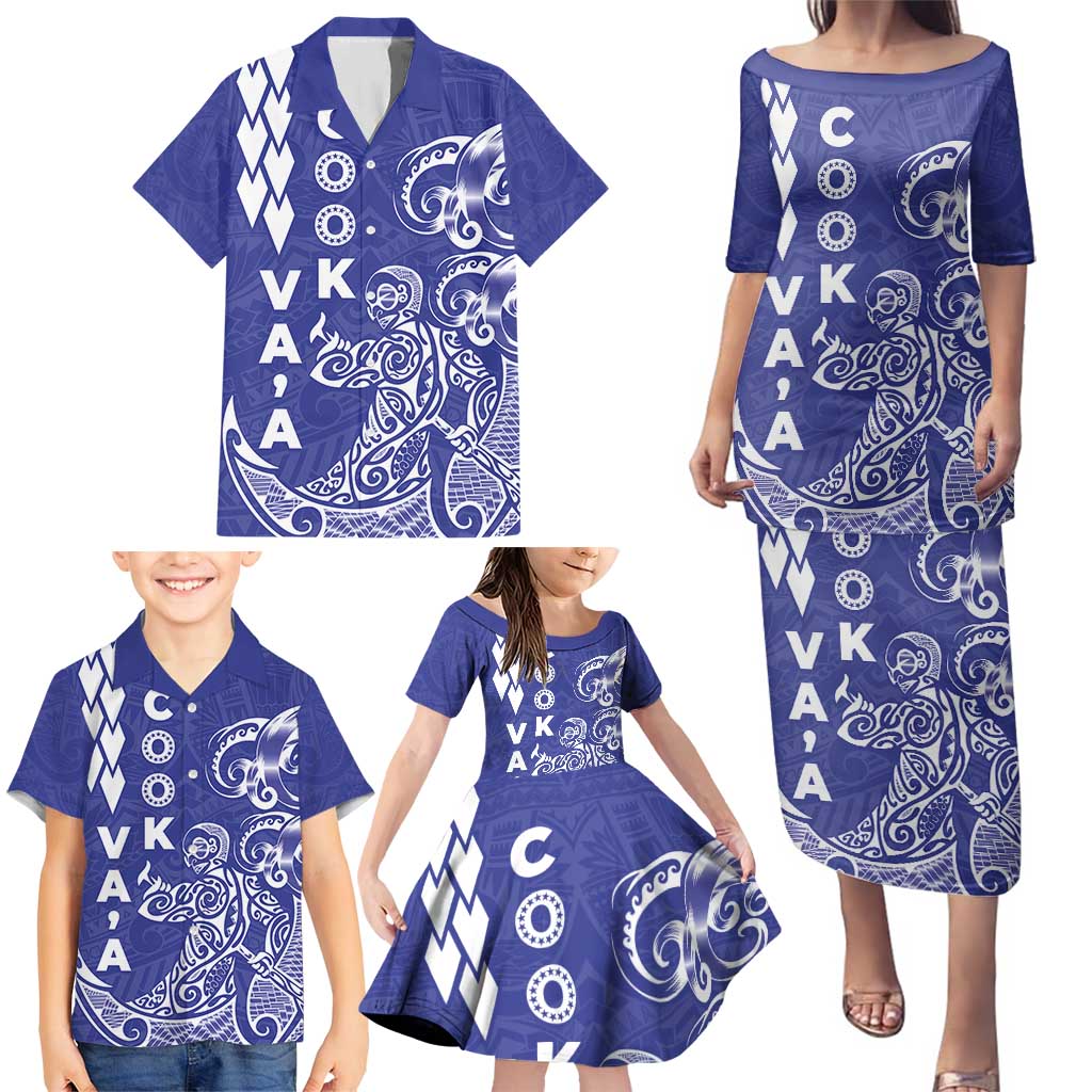 Cook Islands Va'a Polynesian Art Tattoo Family Matching Puletasi and Hawaiian Shirt Blue Color LT03 - Polynesian Pride