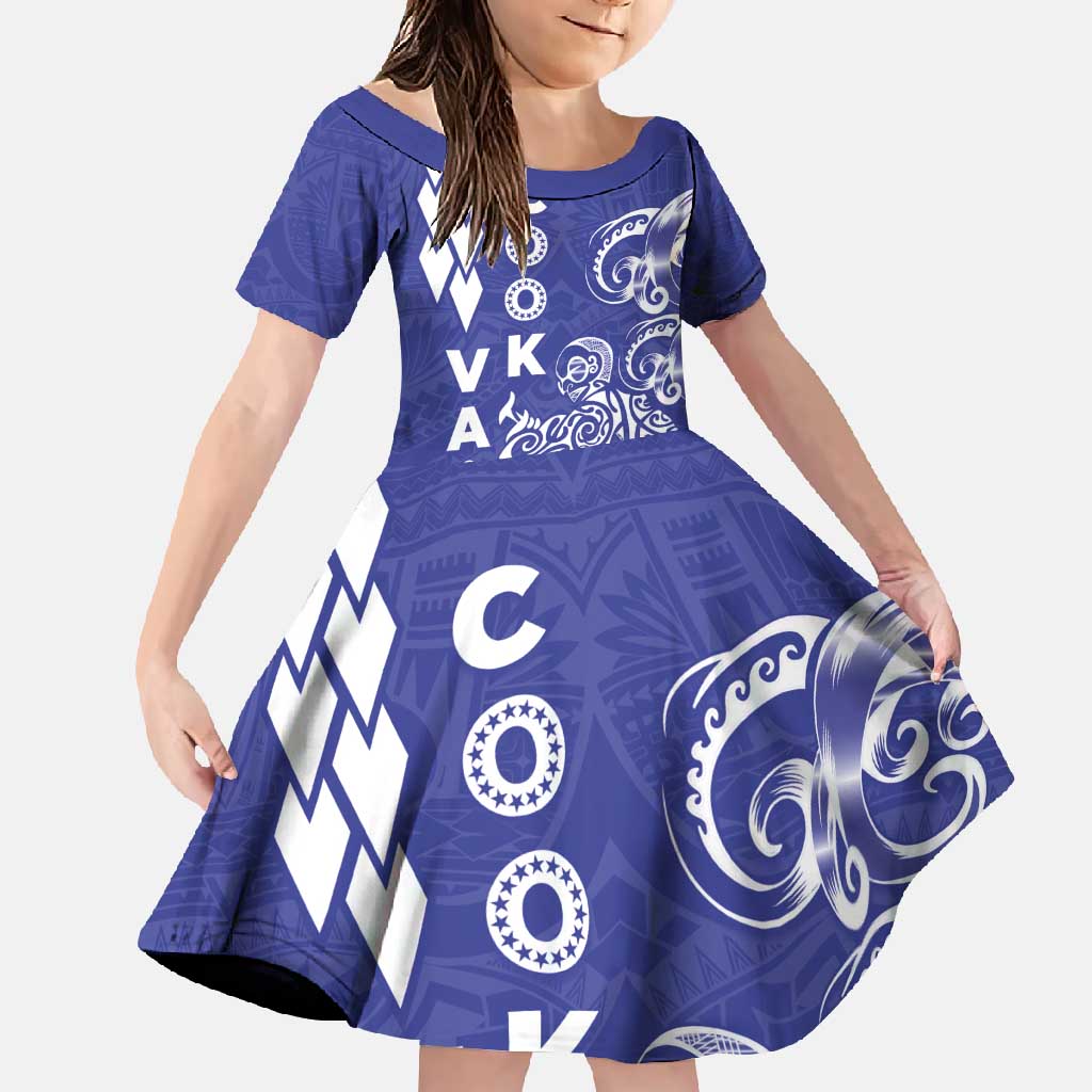 Cook Islands Va'a Polynesian Art Tattoo Family Matching Short Sleeve Bodycon Dress and Hawaiian Shirt Blue Color LT03 Daughter's Dress Blue - Polynesian Pride