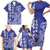Cook Islands Va'a Polynesian Art Tattoo Family Matching Short Sleeve Bodycon Dress and Hawaiian Shirt Blue Color LT03 - Polynesian Pride