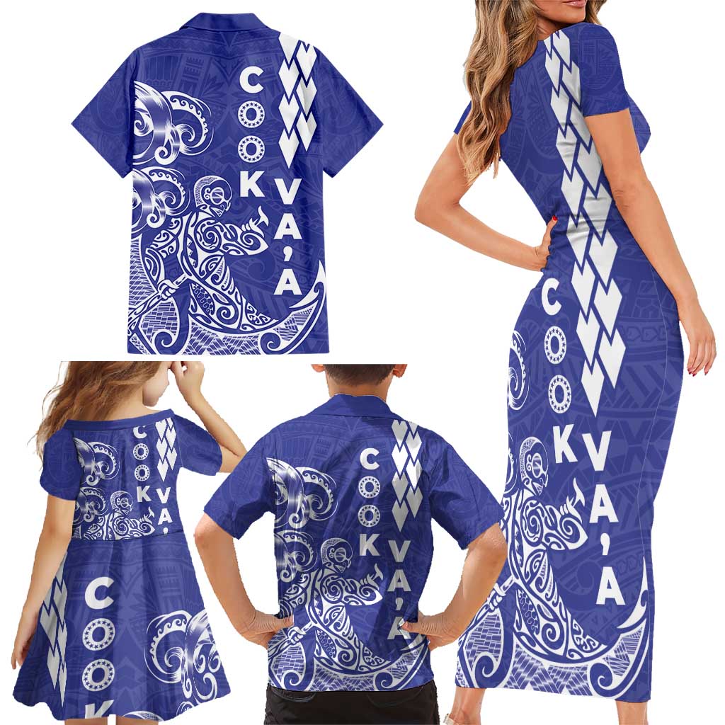 Cook Islands Va'a Polynesian Art Tattoo Family Matching Short Sleeve Bodycon Dress and Hawaiian Shirt Blue Color LT03 - Polynesian Pride