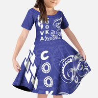 Cook Islands Vaa Polynesian Art Tattoo Kid Short Sleeve Dress Blue Color