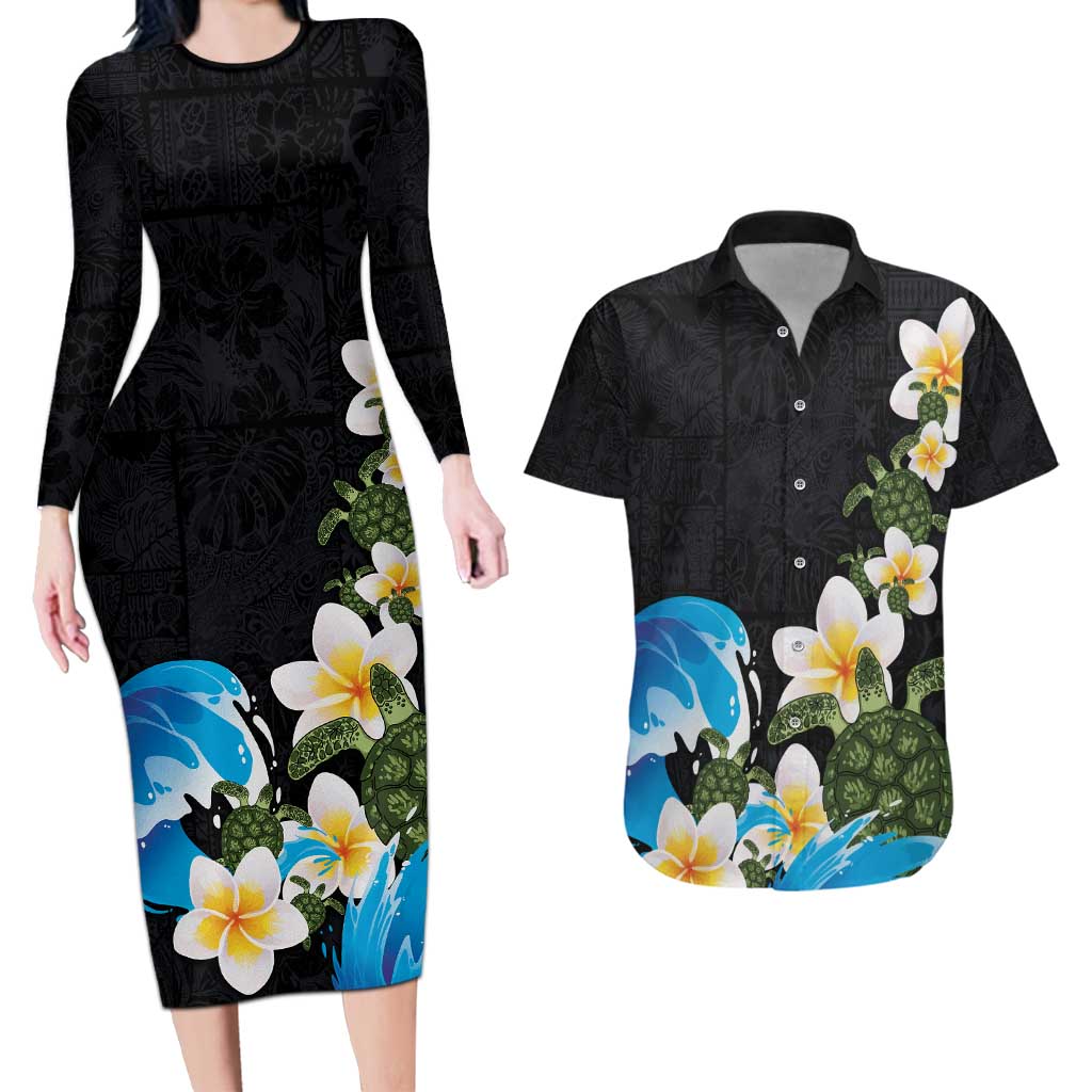 Hawaiian Plumeria and Turtle Couples Matching Long Sleeve Bodycon Dress and Hawaiian Shirt with Polynesian Tribal Art Pattern Vintage Vibes LT03 Black - Polynesian Pride