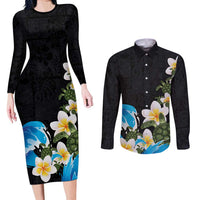 Hawaiian Plumeria and Turtle Couples Matching Long Sleeve Bodycon Dress and Long Sleeve Button Shirt with Polynesian Tribal Art Pattern Vintage Vibes LT03 Black - Polynesian Pride