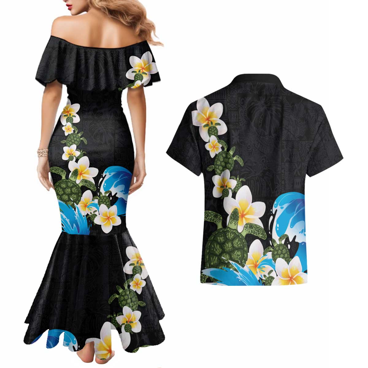 Hawaiian Plumeria and Turtle Couples Matching Mermaid Dress and Hawaiian Shirt with Polynesian Tribal Art Pattern Vintage Vibes LT03 - Polynesian Pride