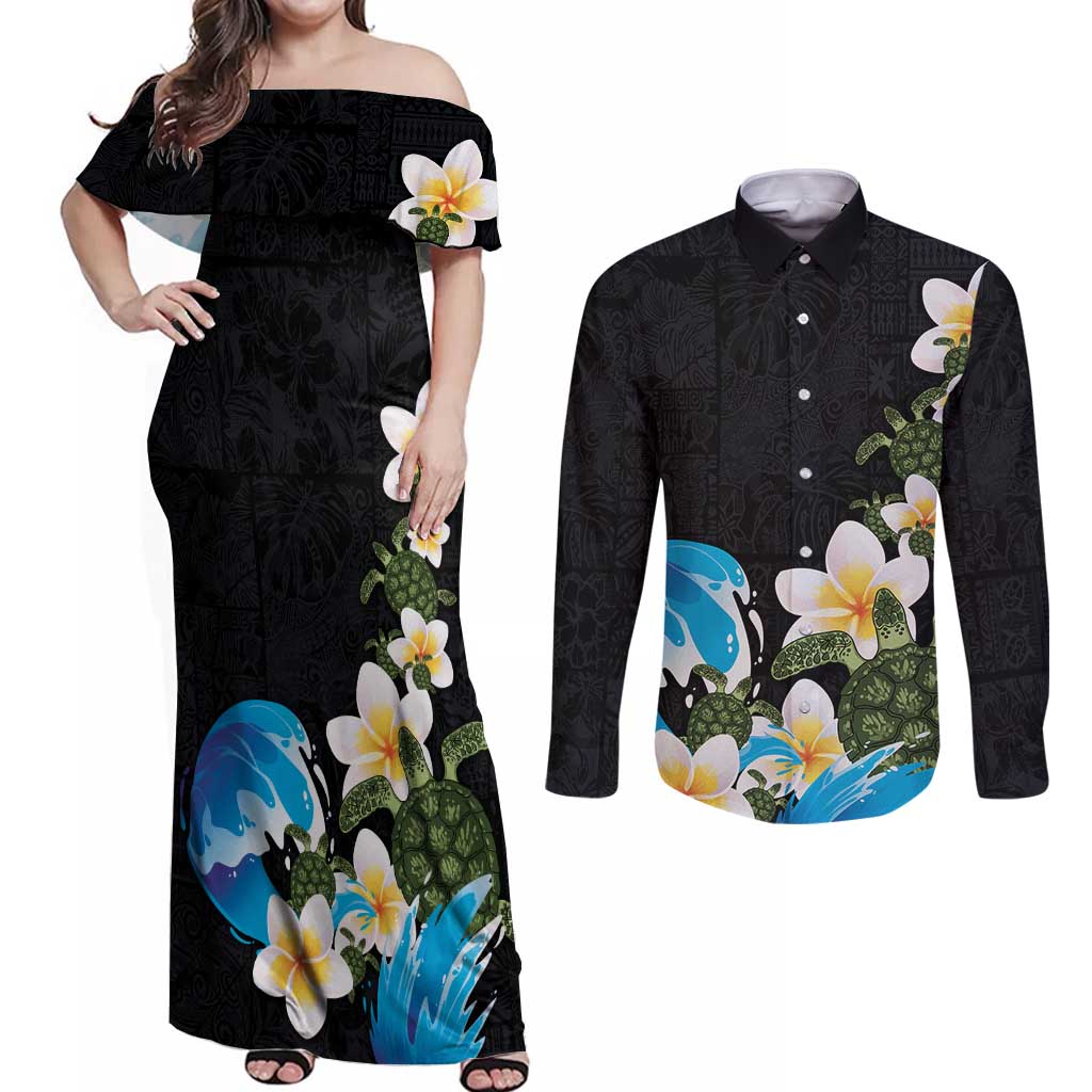 Hawaiian Plumeria and Turtle Couples Matching Off Shoulder Maxi Dress and Long Sleeve Button Shirt with Polynesian Tribal Art Pattern Vintage Vibes