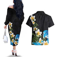 Hawaiian Plumeria and Turtle Couples Matching Off The Shoulder Long Sleeve Dress and Hawaiian Shirt with Polynesian Tribal Art Pattern Vintage Vibes LT03 - Polynesian Pride