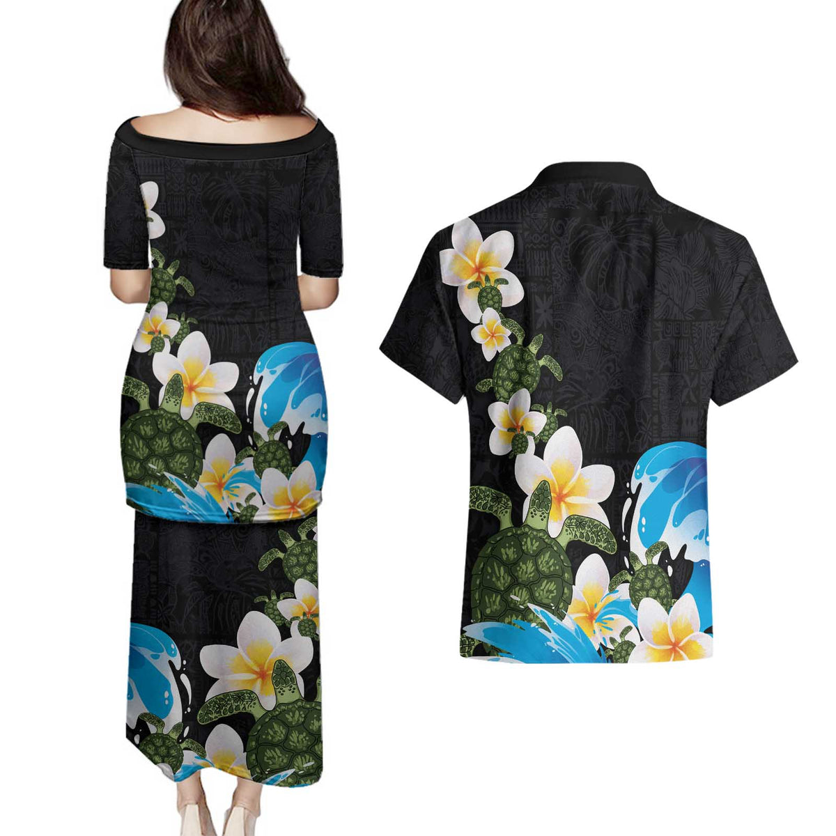 Hawaiian Plumeria and Turtle Couples Matching Puletasi and Hawaiian Shirt with Polynesian Tribal Art Pattern Vintage Vibes