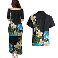 Hawaiian Plumeria and Turtle Couples Matching Puletasi and Hawaiian Shirt with Polynesian Tribal Art Pattern Vintage Vibes