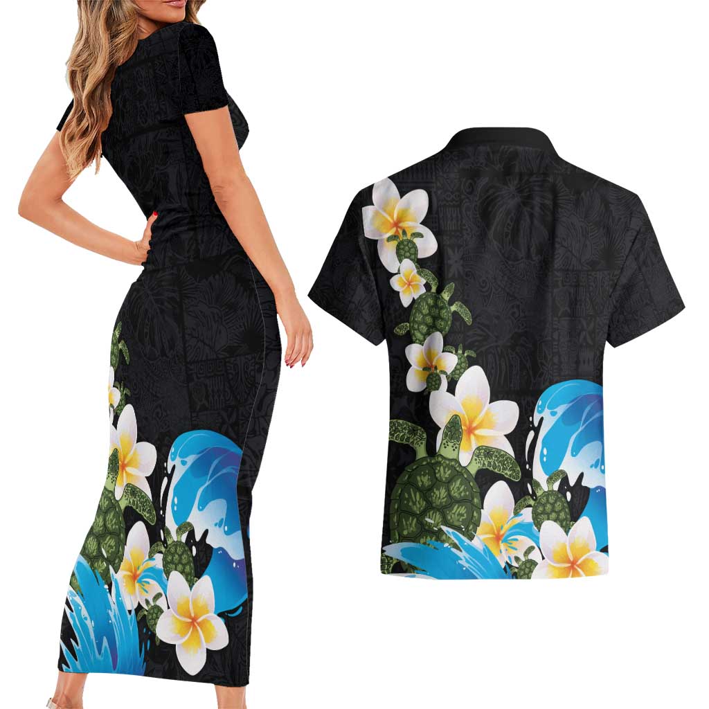 Hawaiian Plumeria and Turtle Couples Matching Short Sleeve Bodycon Dress and Hawaiian Shirt with Polynesian Tribal Art Pattern Vintage Vibes LT03 - Polynesian Pride
