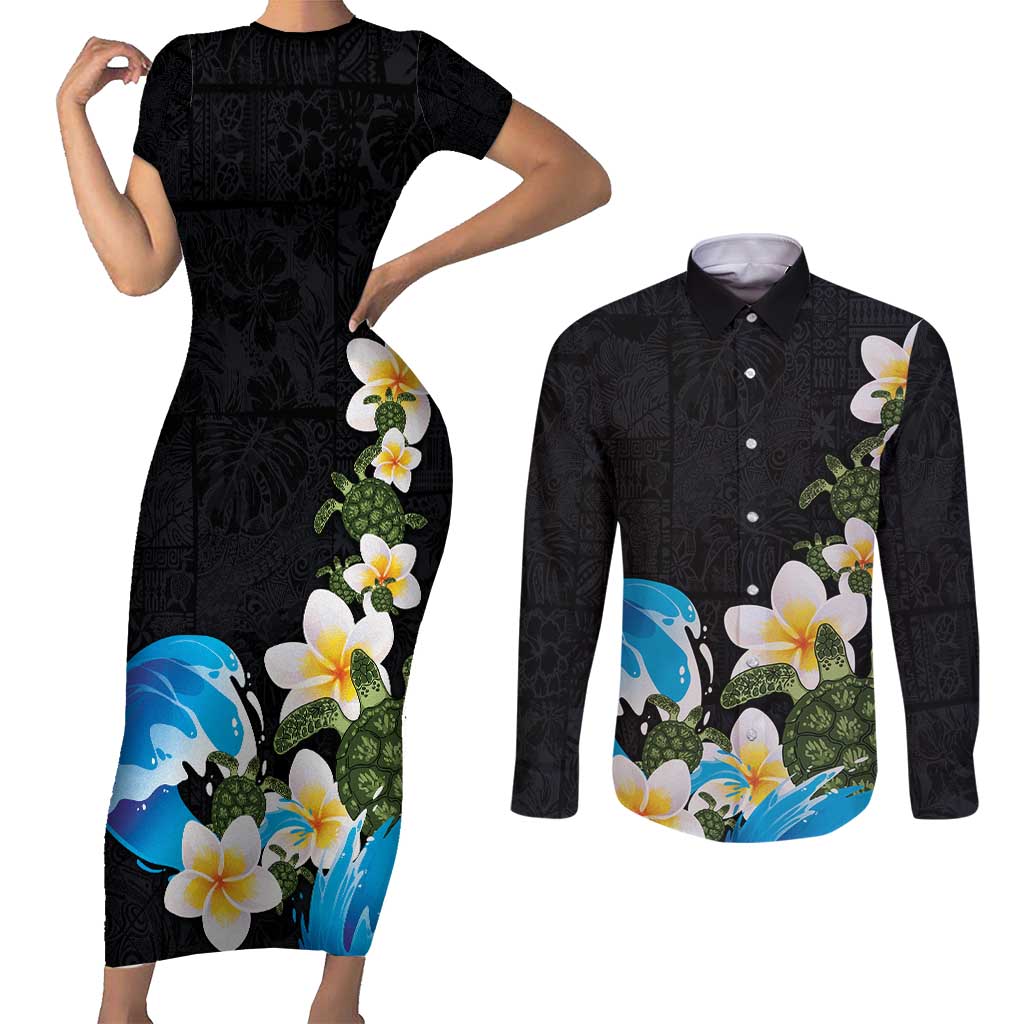 Hawaiian Plumeria and Turtle Couples Matching Short Sleeve Bodycon Dress and Long Sleeve Button Shirt with Polynesian Tribal Art Pattern Vintage Vibes LT03 Black - Polynesian Pride