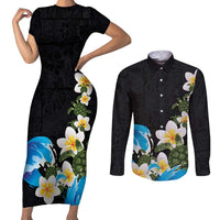 Hawaiian Plumeria and Turtle Couples Matching Short Sleeve Bodycon Dress and Long Sleeve Button Shirt with Polynesian Tribal Art Pattern Vintage Vibes LT03 Black - Polynesian Pride