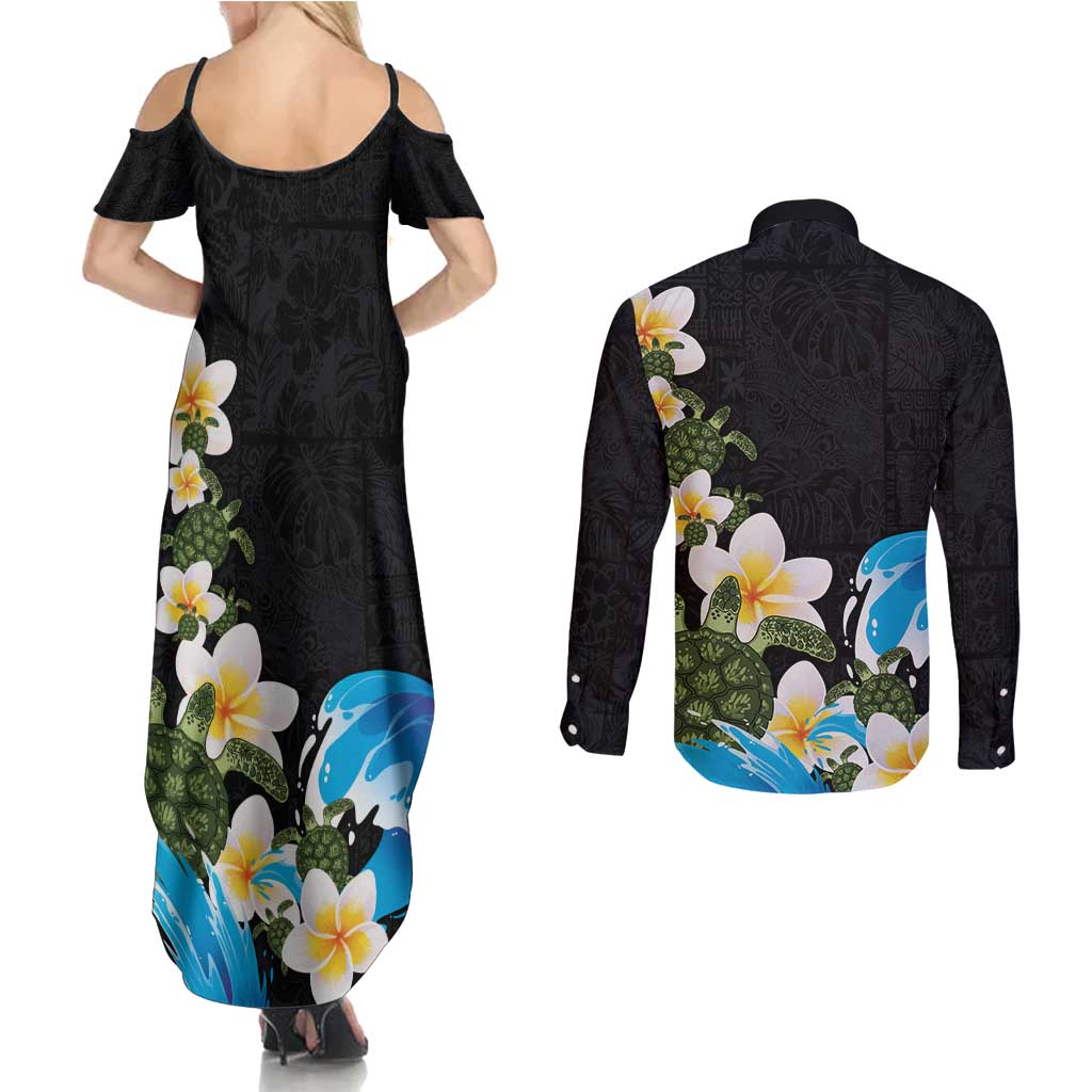 Hawaiian Plumeria and Turtle Couples Matching Summer Maxi Dress and Long Sleeve Button Shirt with Polynesian Tribal Art Pattern Vintage Vibes