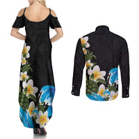 Hawaiian Plumeria and Turtle Couples Matching Summer Maxi Dress and Long Sleeve Button Shirt with Polynesian Tribal Art Pattern Vintage Vibes