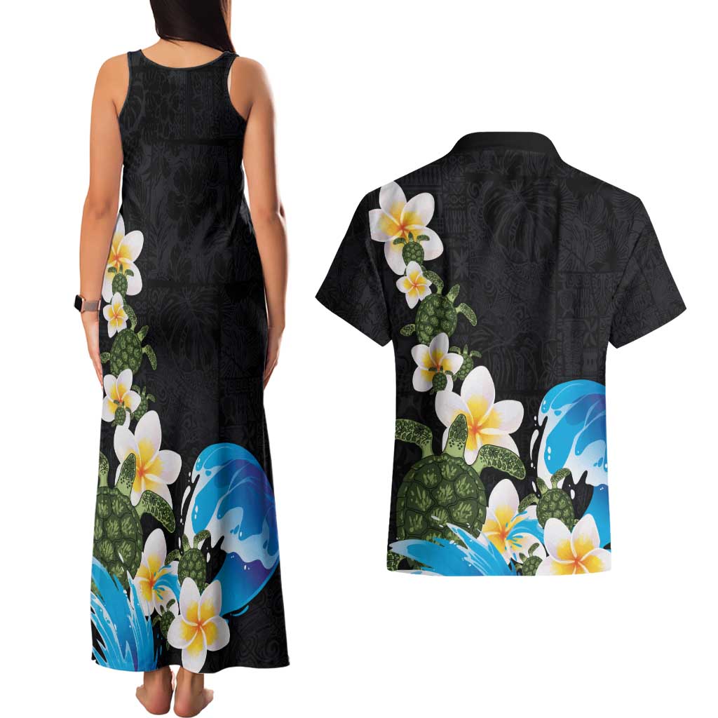 Hawaiian Plumeria and Turtle Couples Matching Tank Maxi Dress and Hawaiian Shirt with Polynesian Tribal Art Pattern Vintage Vibes LT03 - Polynesian Pride