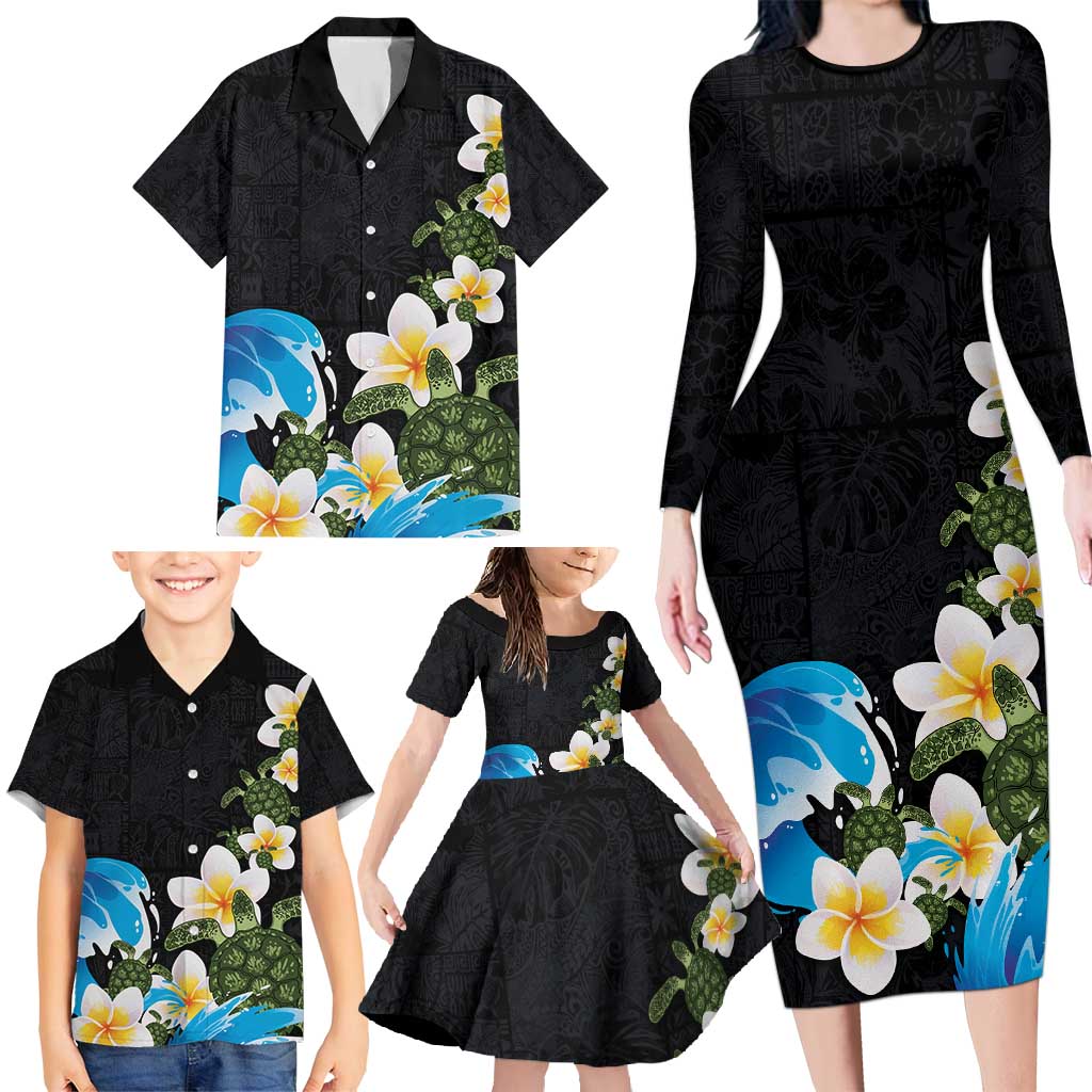 Hawaiian Plumeria and Turtle Family Matching Long Sleeve Bodycon Dress and Hawaiian Shirt with Polynesian Tribal Art Pattern Vintage Vibes LT03 - Polynesian Pride