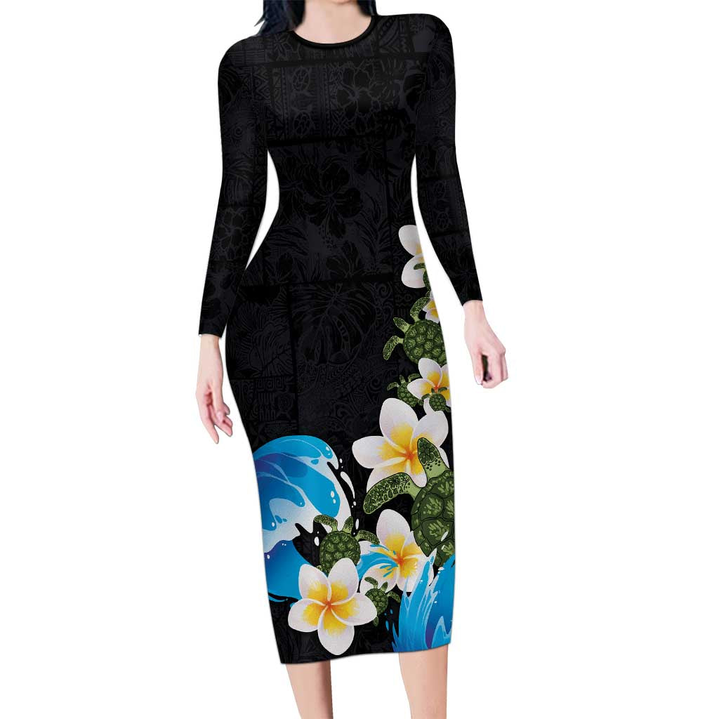 Hawaiian Plumeria and Turtle Family Matching Long Sleeve Bodycon Dress and Hawaiian Shirt with Polynesian Tribal Art Pattern Vintage Vibes LT03 Mom's Dress Black - Polynesian Pride