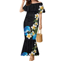 Hawaiian Plumeria and Turtle Family Matching Mermaid Dress and Hawaiian Shirt with Polynesian Tribal Art Pattern Vintage Vibes LT03 Mom's Dress Black - Polynesian Pride