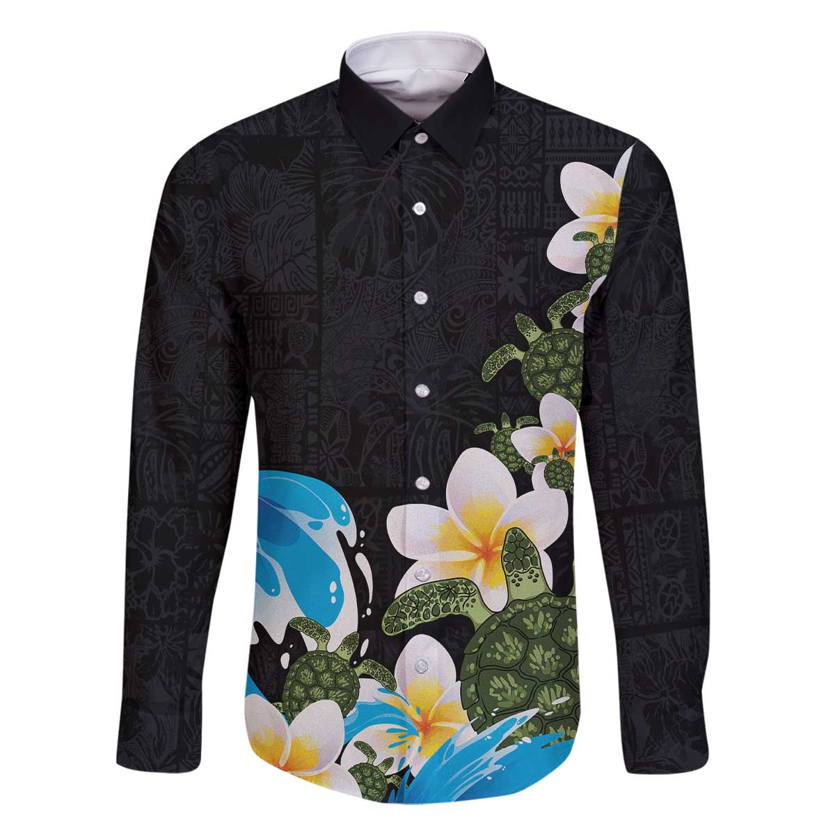 Hawaiian Plumeria and Turtle Family Matching Off The Shoulder Long Sleeve Dress and Hawaiian Shirt with Polynesian Tribal Art Pattern Vintage Vibes LT03 Dad's Shirt - Long Sleeve Black - Polynesian Pride