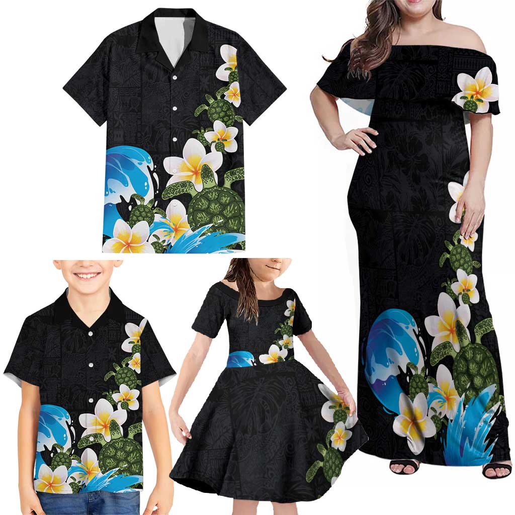 Hawaiian Plumeria and Turtle Family Matching Off Shoulder Maxi Dress and Hawaiian Shirt with Polynesian Tribal Art Pattern Vintage Vibes LT03 - Polynesian Pride