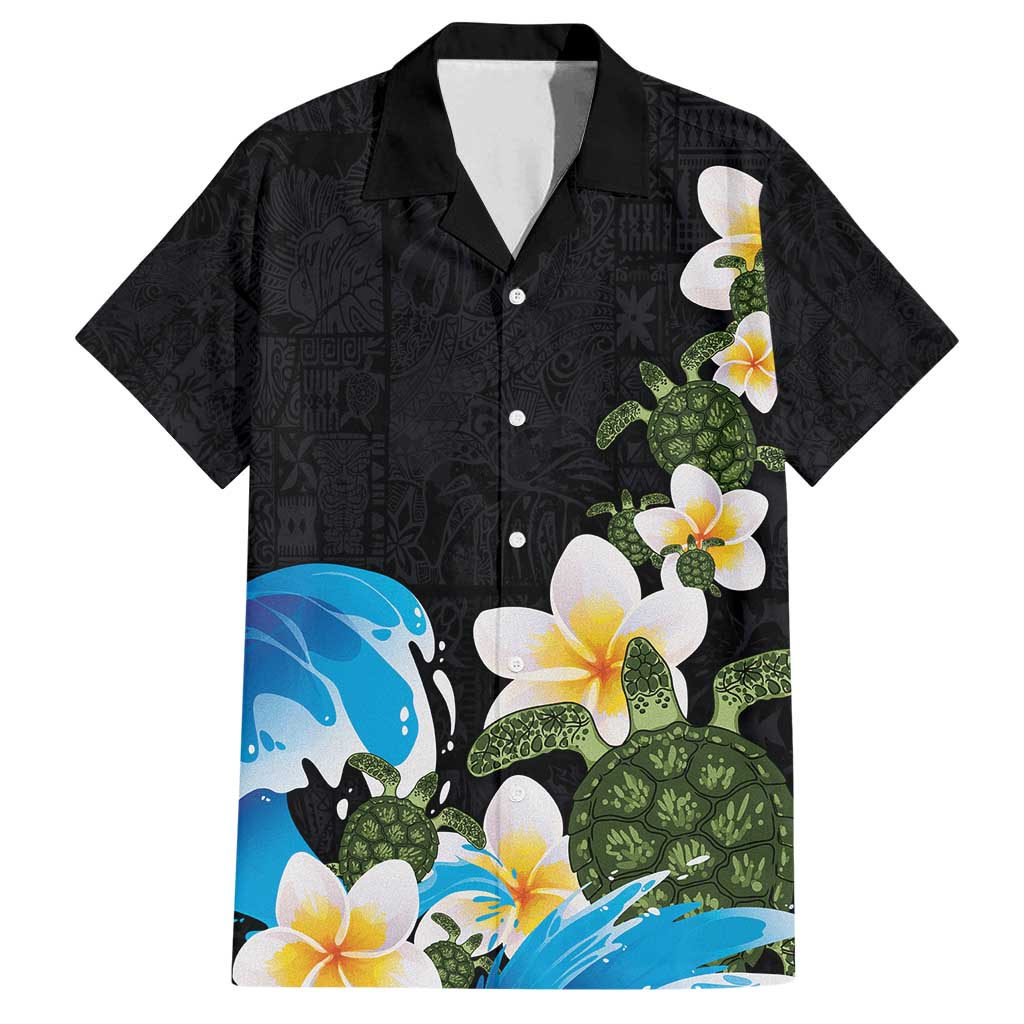 Hawaiian Plumeria and Turtle Family Matching Off Shoulder Maxi Dress and Hawaiian Shirt with Polynesian Tribal Art Pattern Vintage Vibes LT03 Dad's Shirt - Short Sleeve Black - Polynesian Pride