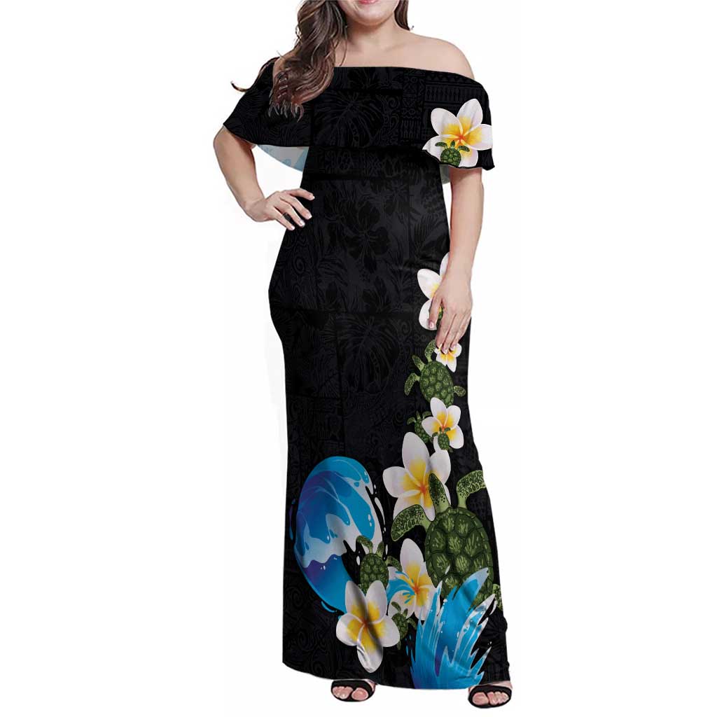 Hawaiian Plumeria and Turtle Family Matching Off Shoulder Maxi Dress and Hawaiian Shirt with Polynesian Tribal Art Pattern Vintage Vibes LT03 Mom's Dress Black - Polynesian Pride