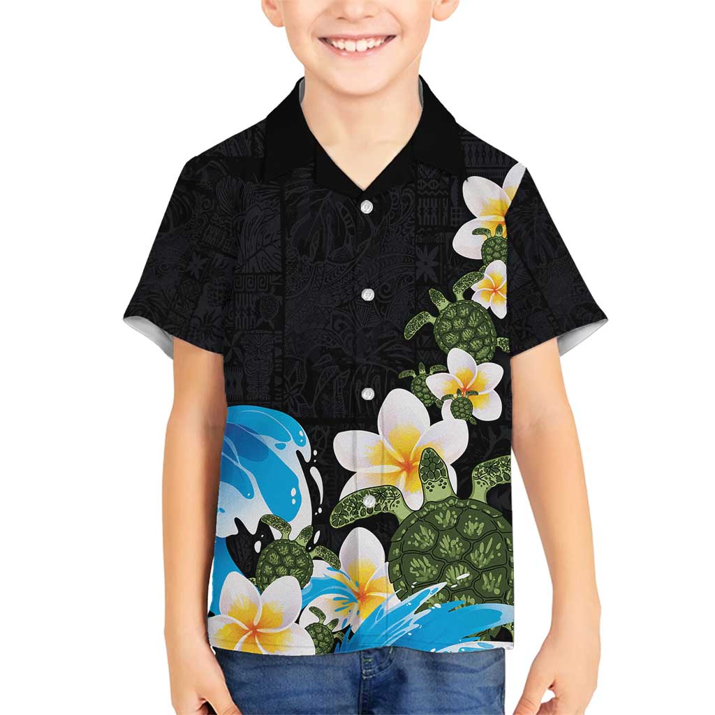 Hawaiian Plumeria and Turtle Family Matching Off Shoulder Maxi Dress and Hawaiian Shirt with Polynesian Tribal Art Pattern Vintage Vibes LT03 Son's Shirt Black - Polynesian Pride