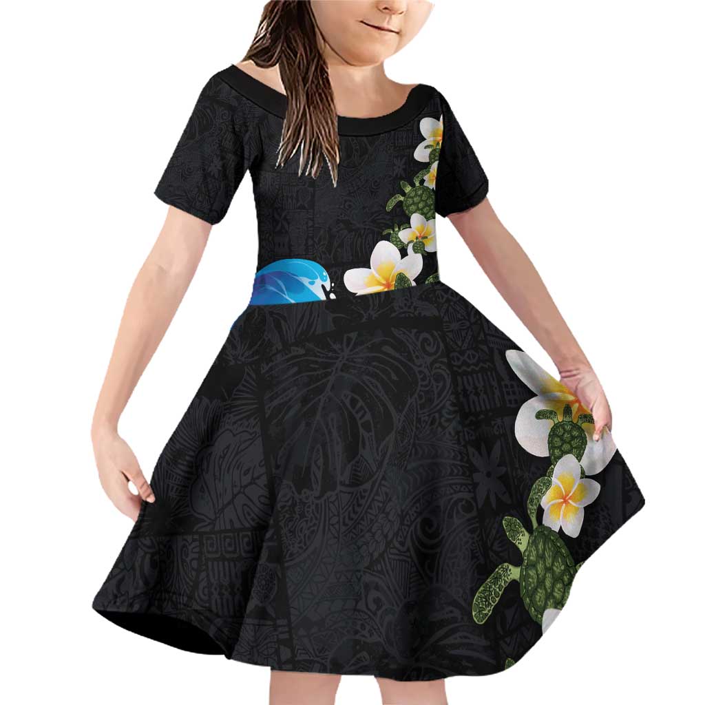 Hawaiian Plumeria and Turtle Family Matching Off Shoulder Short Dress and Hawaiian Shirt with Polynesian Tribal Art Pattern Vintage Vibes LT03 Daughter's Dress Black - Polynesian Pride