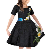 Hawaiian Plumeria and Turtle Family Matching Off Shoulder Short Dress and Hawaiian Shirt with Polynesian Tribal Art Pattern Vintage Vibes LT03 Daughter's Dress Black - Polynesian Pride