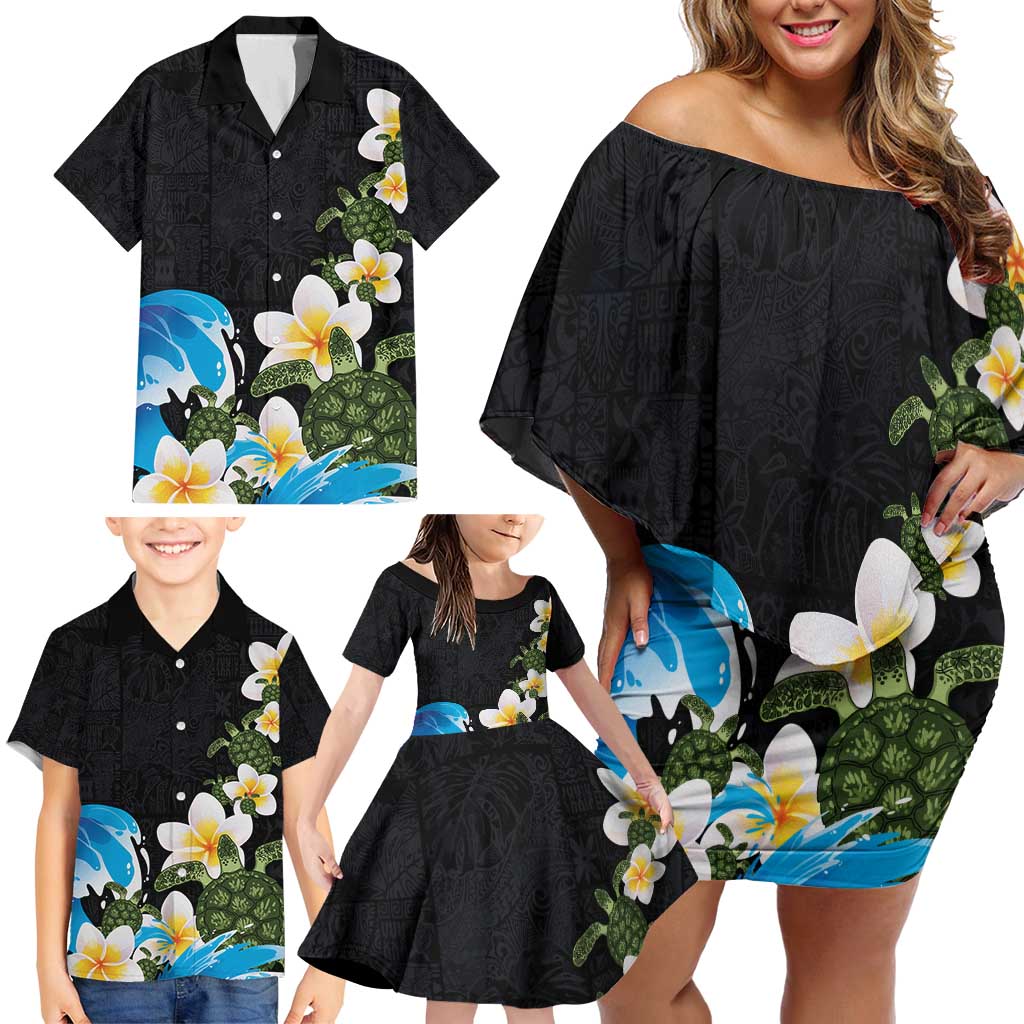 Hawaiian Plumeria and Turtle Family Matching Off Shoulder Short Dress and Hawaiian Shirt with Polynesian Tribal Art Pattern Vintage Vibes LT03 - Polynesian Pride